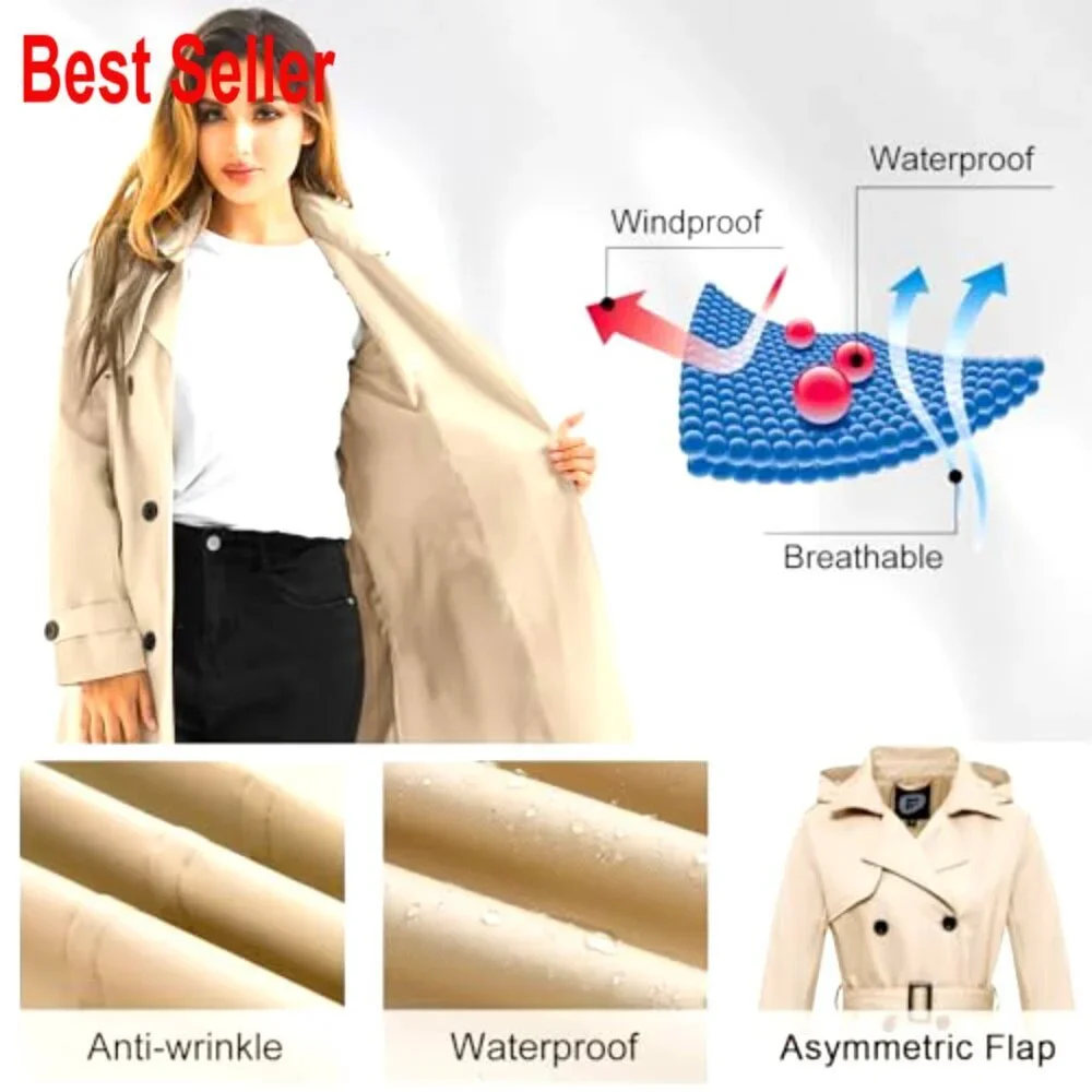 Classic Double Breasted Trench Coat Windproof Water Resistant Detachable Hood - Picture 2 of 5